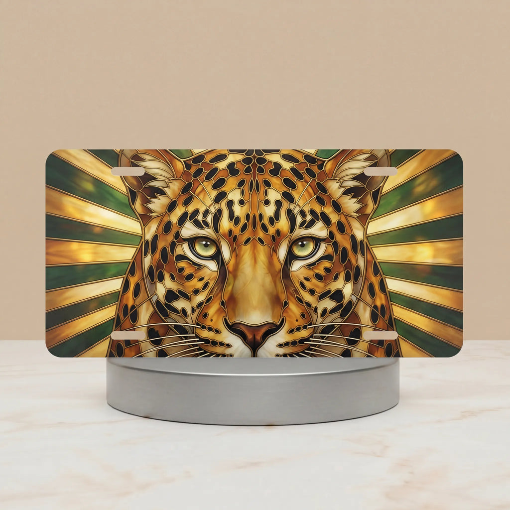 leopard vanity plate hero shot — fierce golden ochre deep amber green ray leopard art