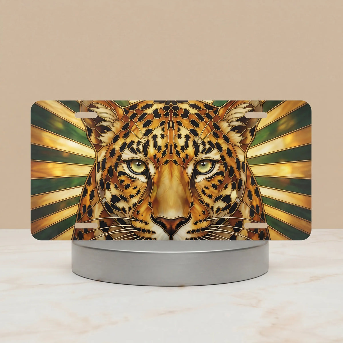 leopard vanity plate hero shot — fierce golden ochre deep amber green ray leopard art