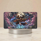 moonlit duel samurai girl vanity plate — electric blue arcane energy cloaked heroine sakura full moon license plate on holder