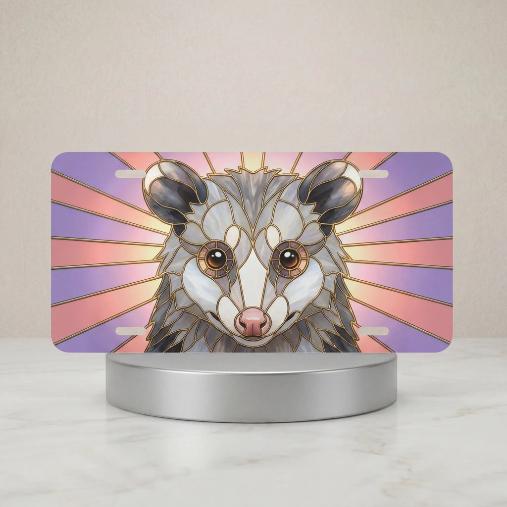possum portrait vanity plate hero shot — stained glass opossum blush pink lavender rays art