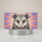 possum portrait vanity plate hero shot — stained glass opossum blush pink lavender rays art