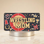 wrestling mom vanity plate — red gold headgear trophy WRESTLING MOM license plate on holder