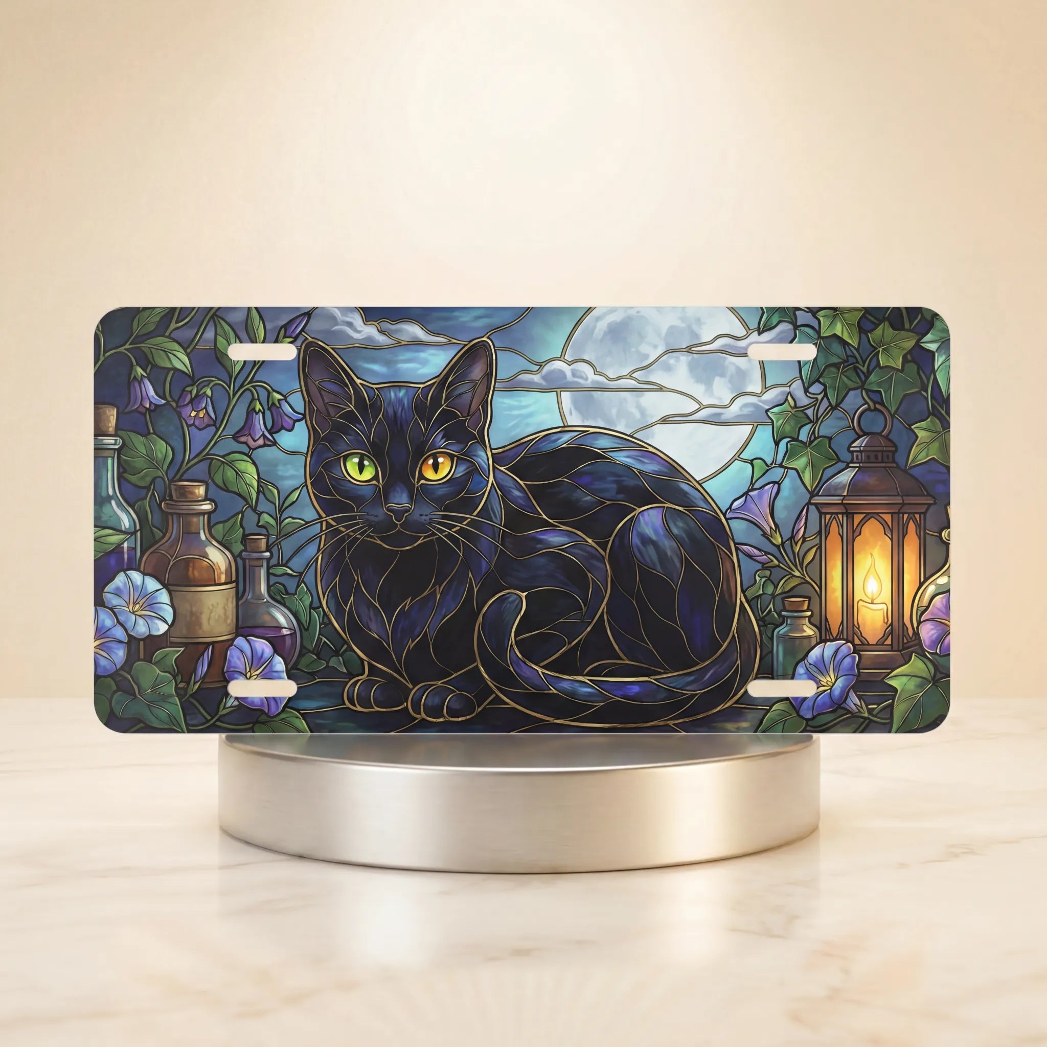 black cat stained glass moonlit vanity plate — jewel tone black cat moon lantern license plate on holder
