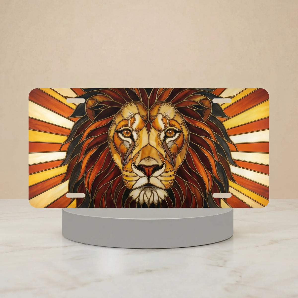 majestic lion vanity plate hero shot — warm amber burnt rust ochre sunburst lion art