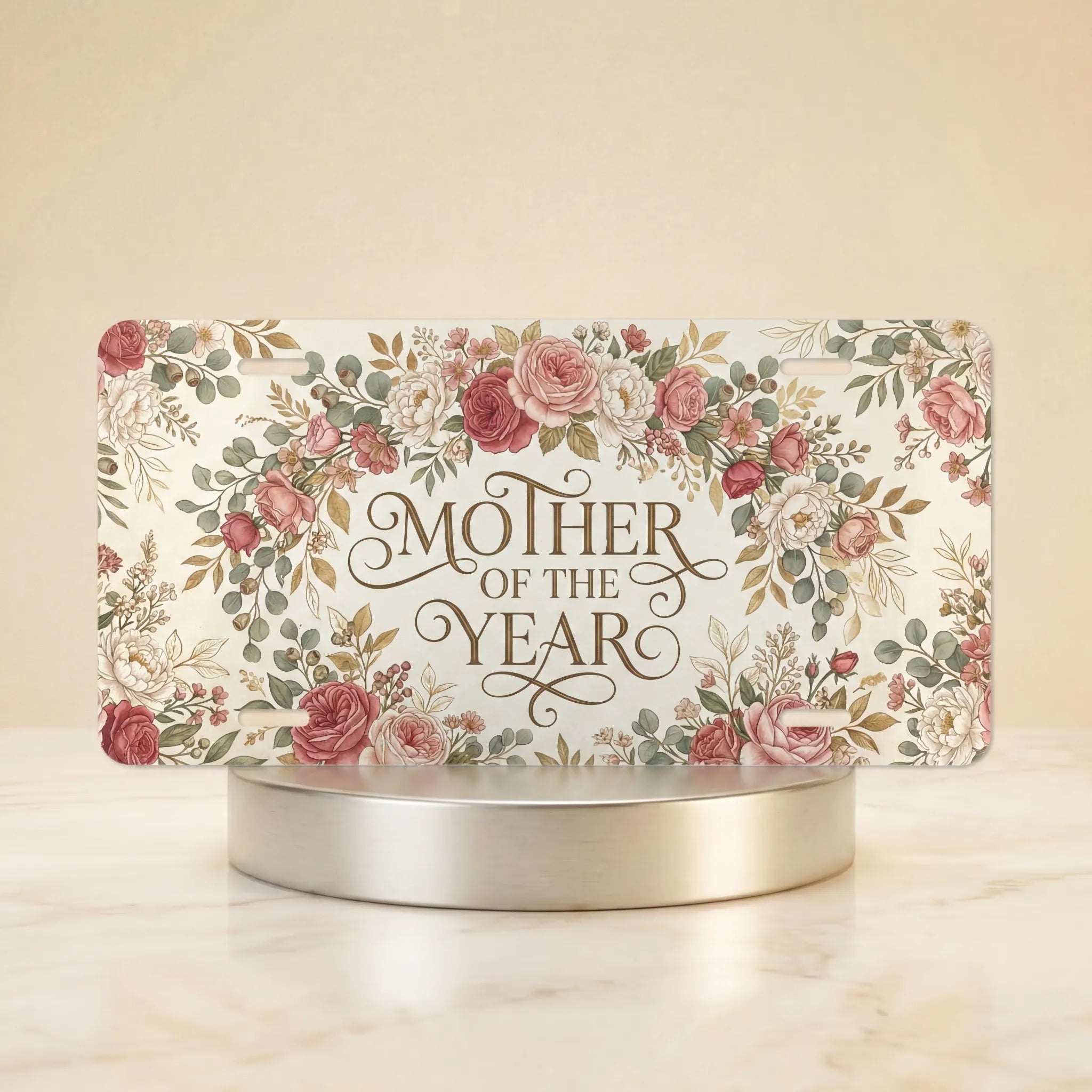 mother of the year vanity plate hero shot — hand-painted rose dusty pink sage art