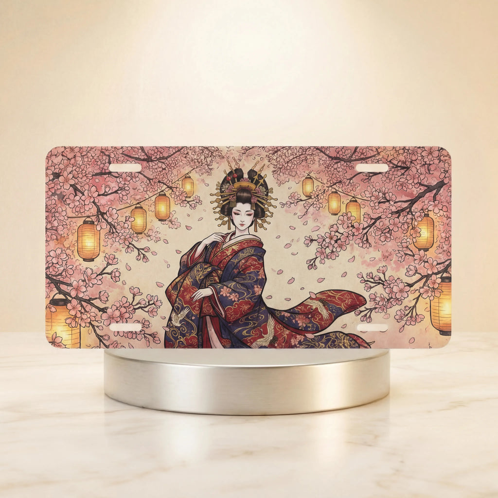 geisha cherry blossoms sakura lanterns vanity plate — soft pink kimono cherry blossom warm amber lanterns license plate on holder