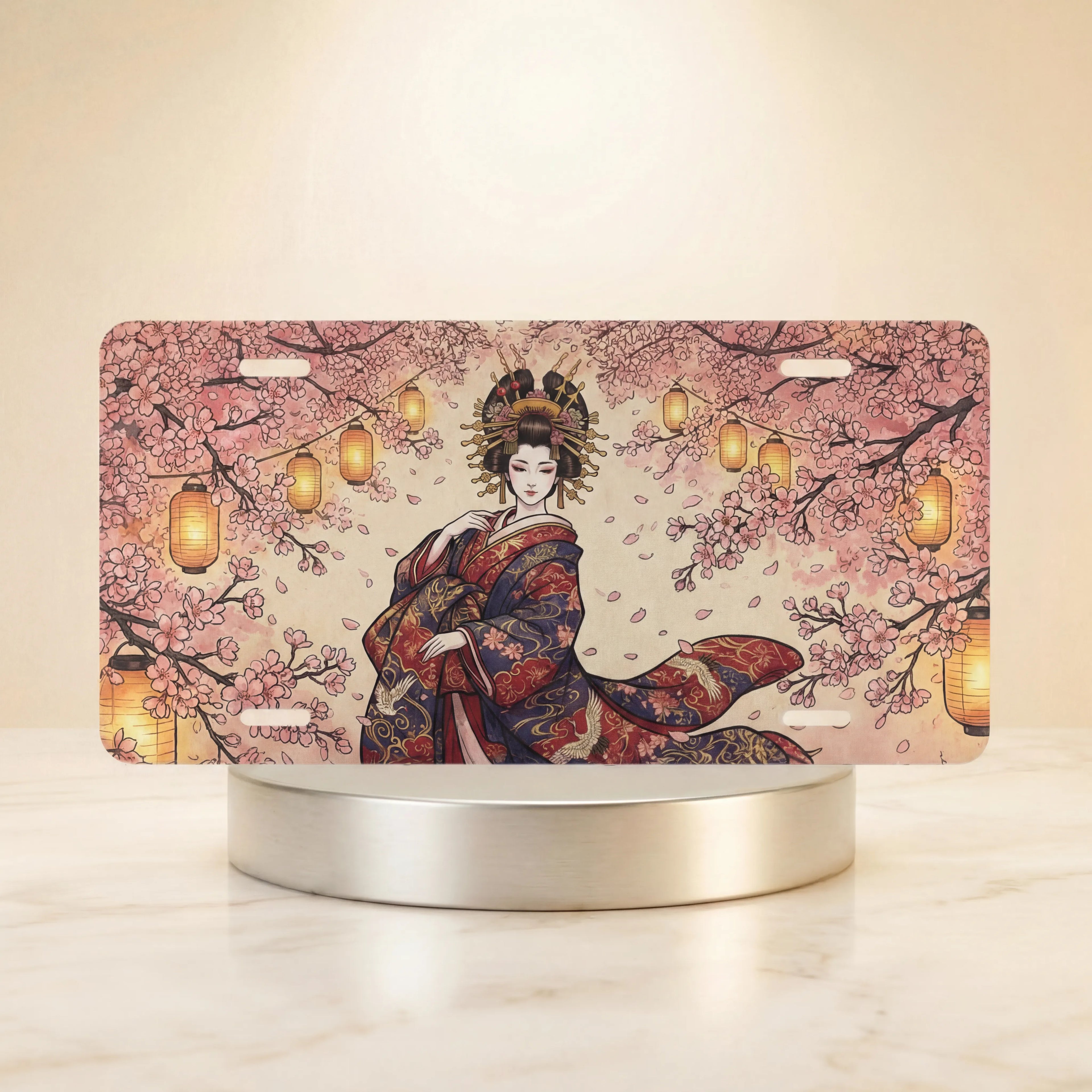 geisha cherry blossoms sakura lanterns vanity plate — soft pink kimono cherry blossom warm amber lanterns license plate on holder