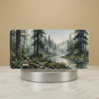 misty river vanity plate hero shot — cool green blue foggy forest morning art