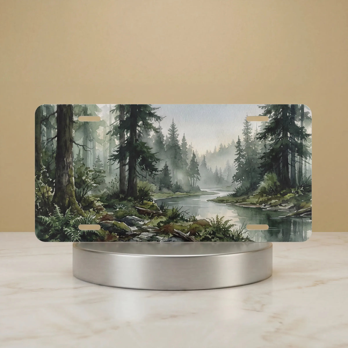 misty river vanity plate hero shot — cool green blue foggy forest morning art