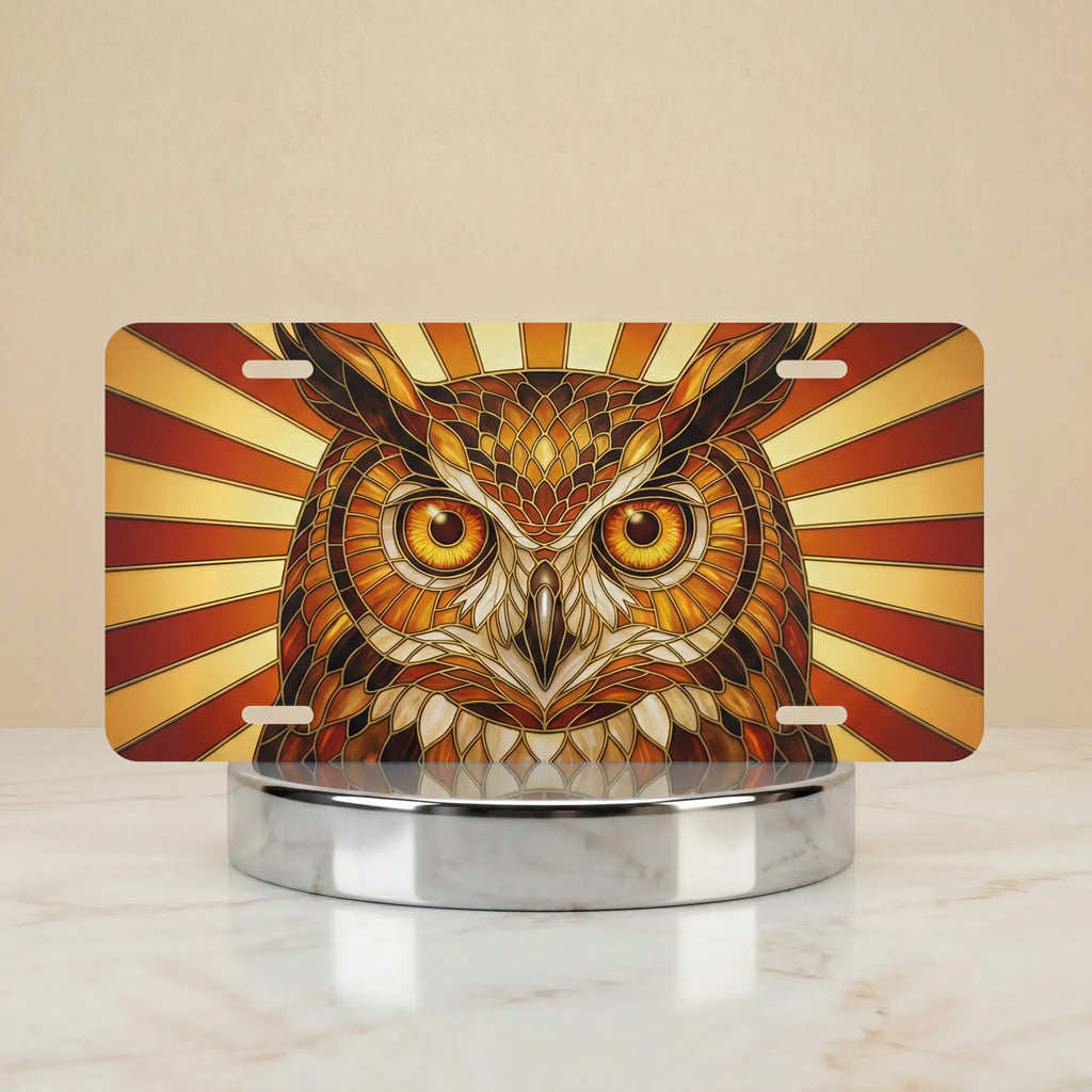 owl vanity plate hero shot — bold amber rust gold owl staring stained glass art