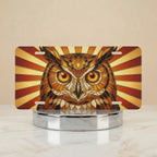 owl vanity plate hero shot — bold amber rust gold owl staring stained glass art