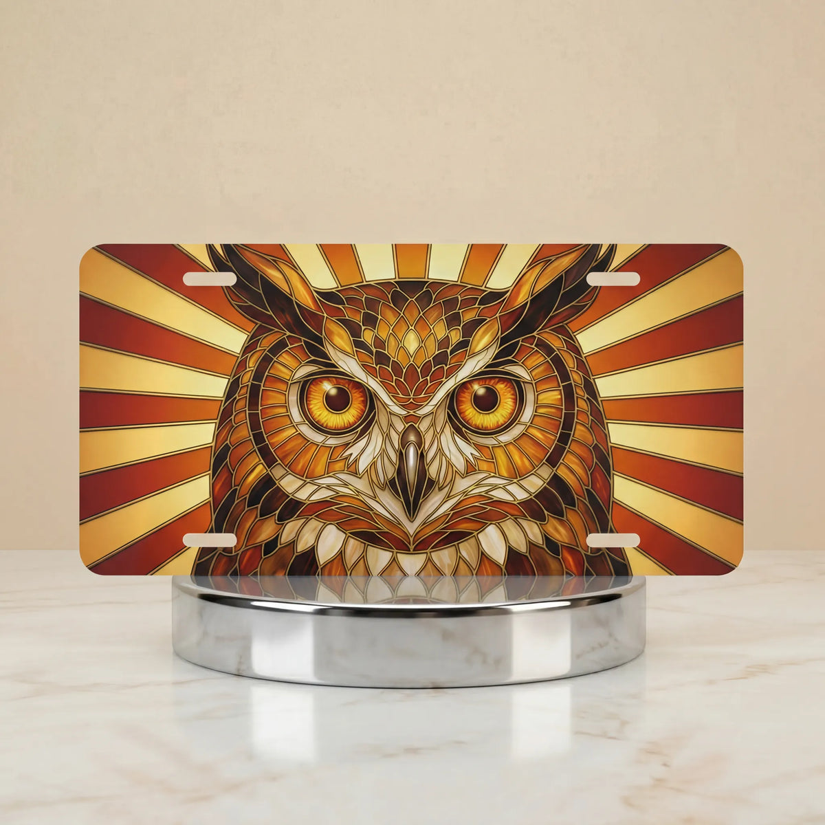owl vanity plate hero shot — bold amber rust gold owl staring stained glass art