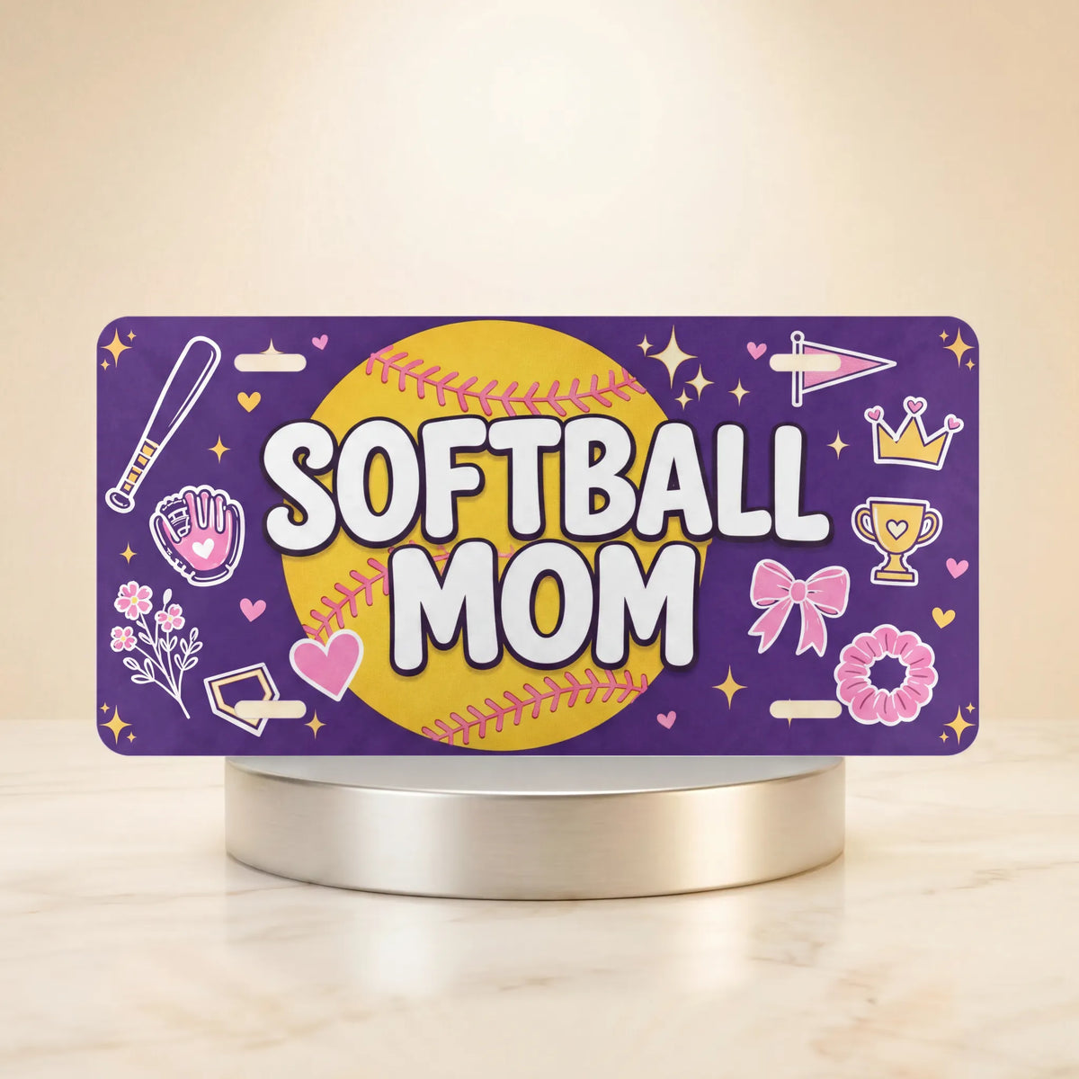 softball mom vanity plate — rich purple softball bat glove SOFTBALL MOM license plate on holder