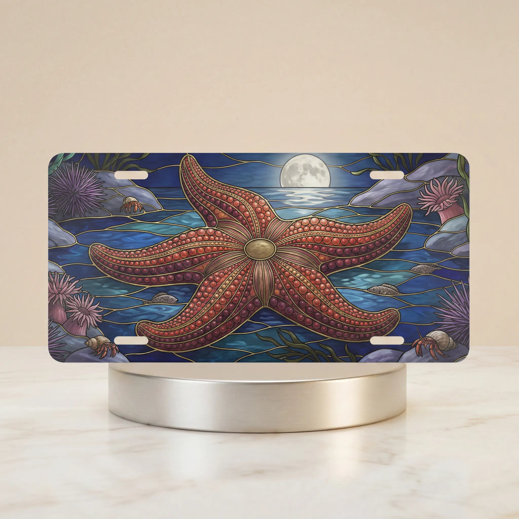 starfish moonlight ocean vanity plate — deep ocean blue silver starfish license plate on holder