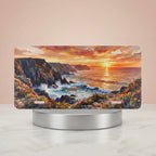 coastal cliff vanity plate hero shot — vivid golden sunset and wildflower art