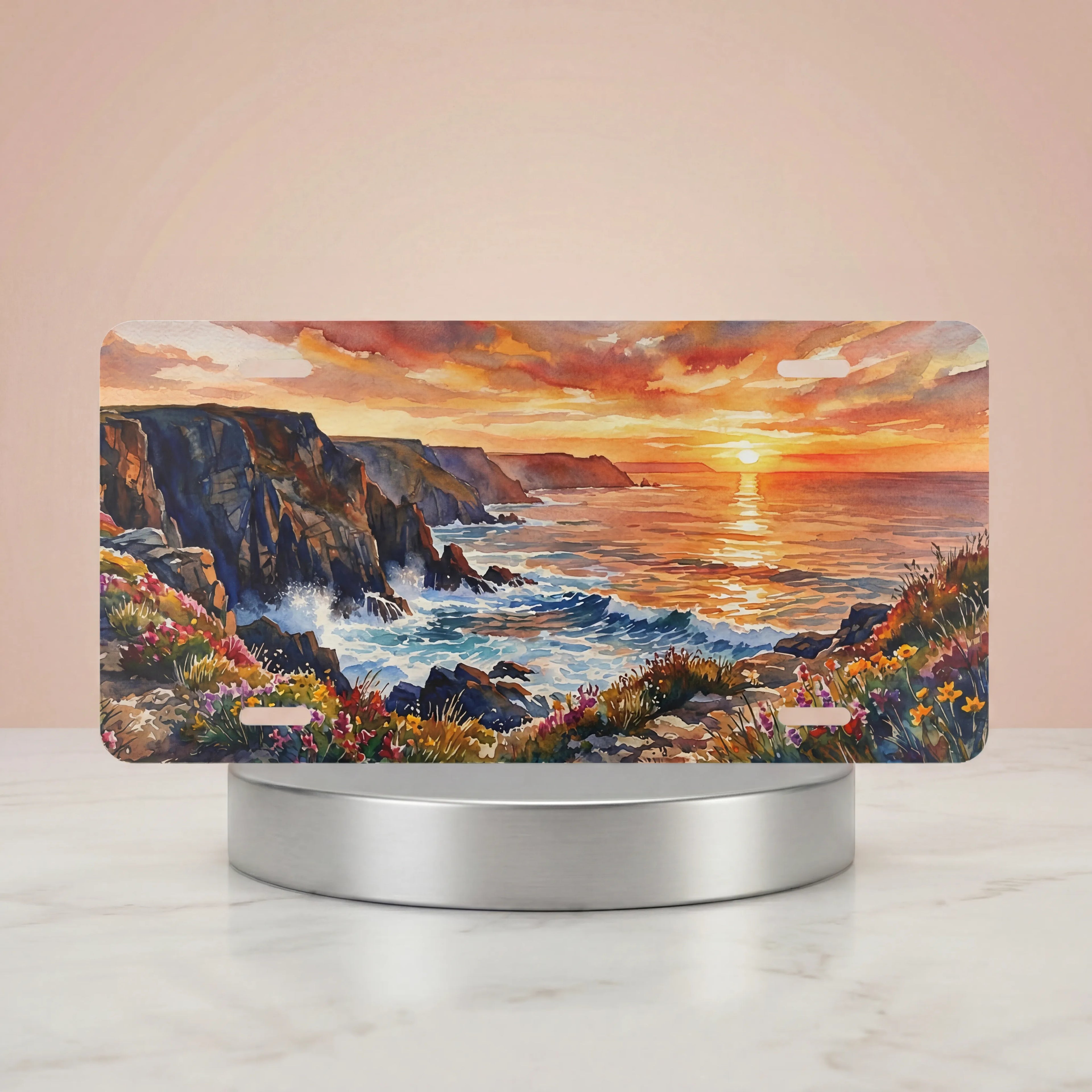 coastal cliff vanity plate hero shot — vivid golden sunset and wildflower art