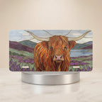 highland cow floral landscape vanity plate — shaggy cow lavender hills pastoral license plate on holder