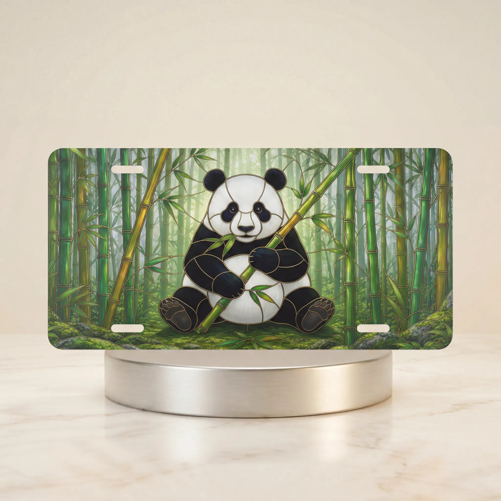 panda eating bamboo vanity plate — soft green panda bamboo grove license plate on holder