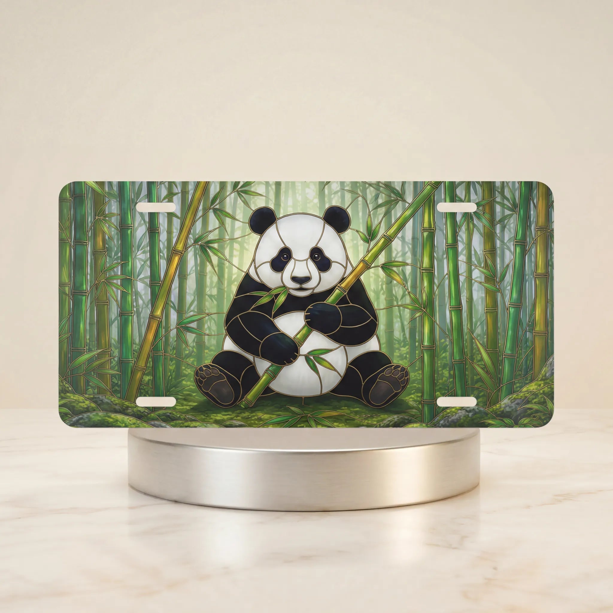 panda eating bamboo vanity plate — soft green panda bamboo grove license plate on holder