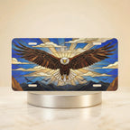 stained glass eagle vanity plate hero shot — soaring bald eagle cobalt gold sunrise art
