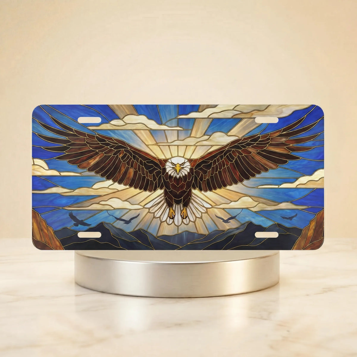 stained glass eagle vanity plate hero shot — soaring bald eagle cobalt gold sunrise art