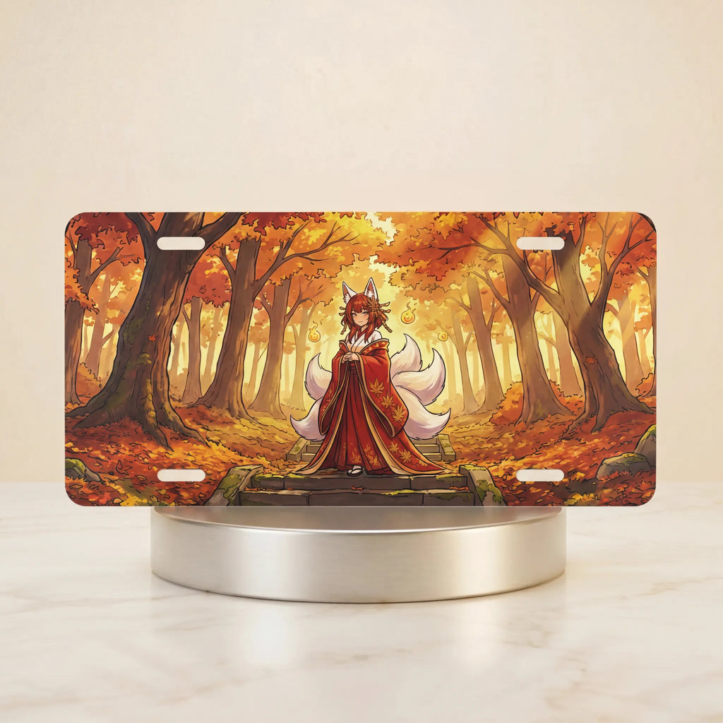 autumn fox spirit fall forest vanity plate — warm red gold kitsune enchanted autumn forest license plate on holder
