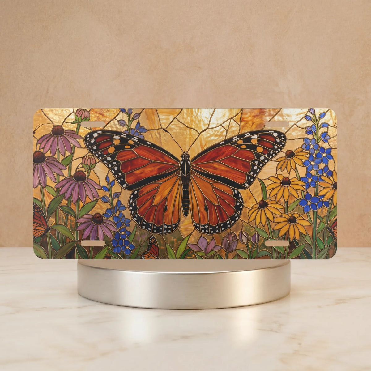monarch floral vanity plate hero shot — vivid orange butterfly coneflowers black-eyed susans art