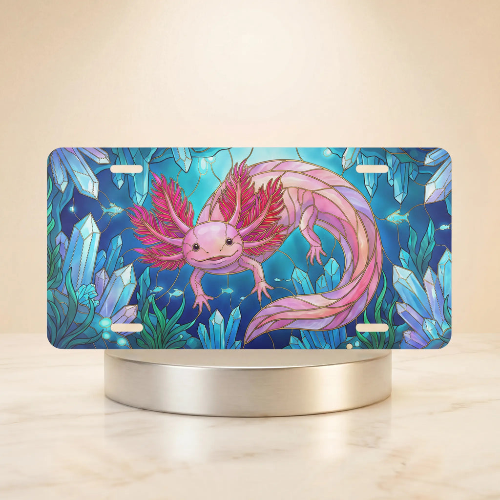 stained glass animal nature vanity plate — vivid jewel tone wildlife license plate on holder