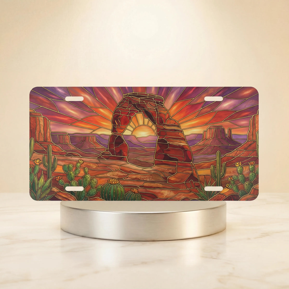 desert arch sunset cactus vanity plate — warm amber sandstone arch cactus burning sunset license plate on holder