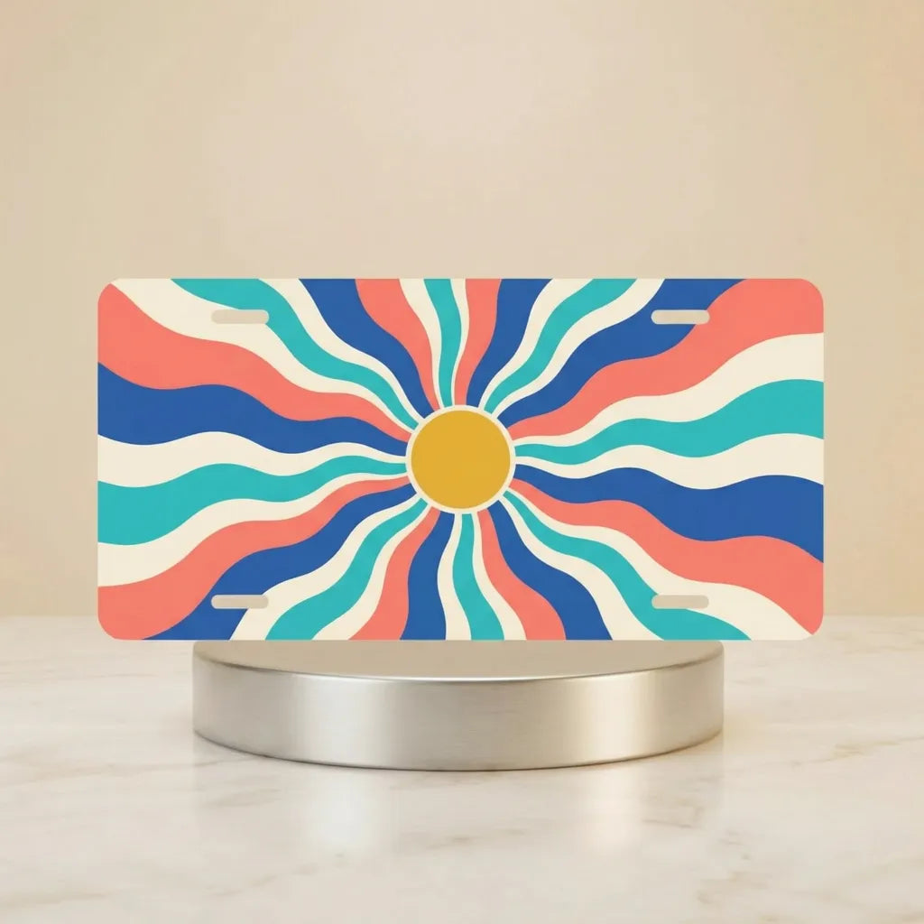 retro wavy sunburst vanity plate hero shot — vivid bright orange yellow wave art