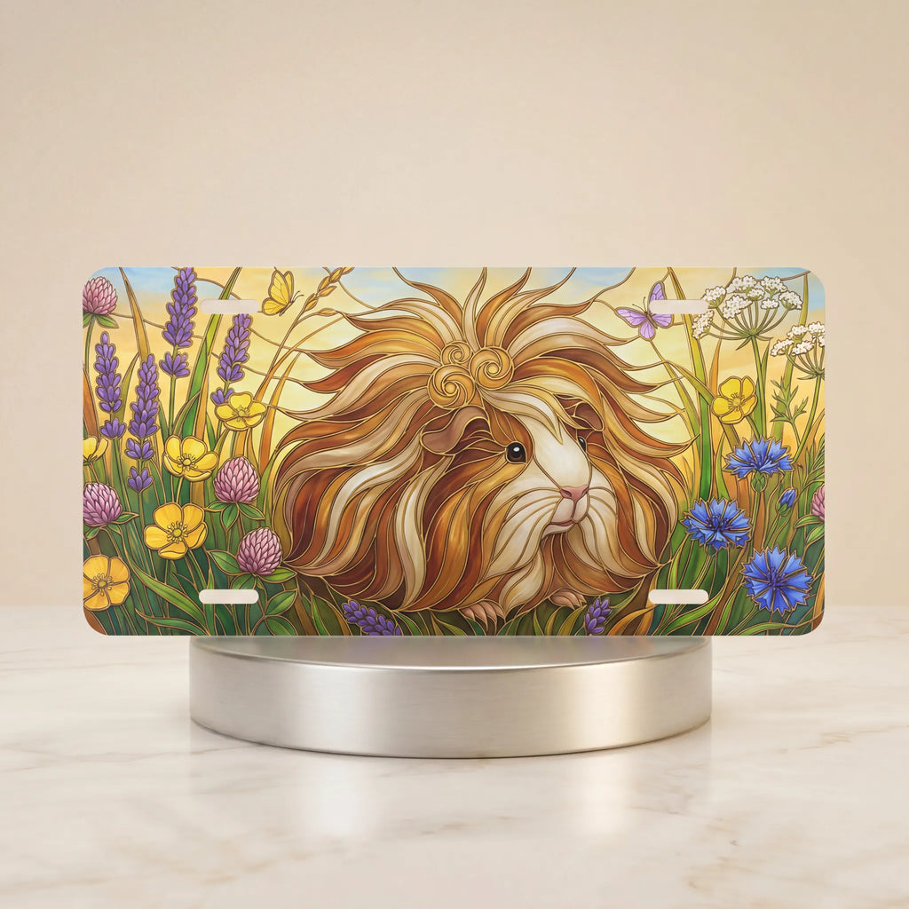 longhaired guinea pig floral meadow vanity plate — fluffy guinea pig wildflower meadow license plate on holder