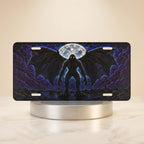 mothman silhouette moonlit vanity plate — deep purple winged mothman red eyes full moon license plate on holder