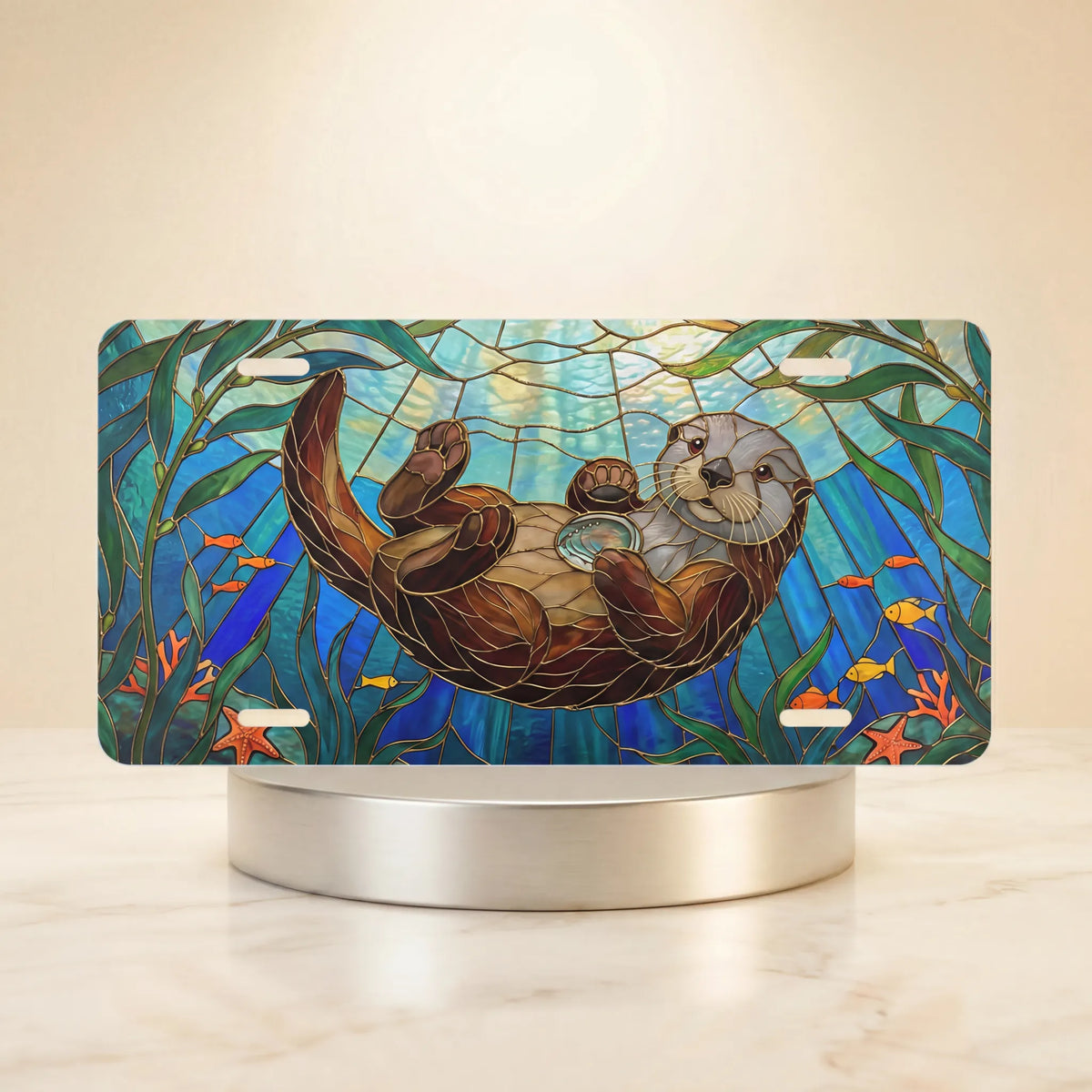 sea otter stained glass vanity plate — jewel teal otter kelp sunbeam stained glass license plate on holder