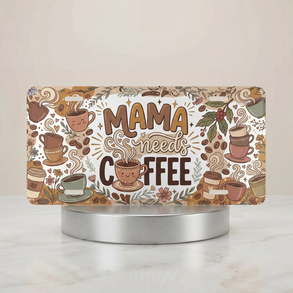 mama needs coffee neutral vanity plate hero shot — steaming mug coffee bean taupe sage art