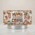 mama needs coffee neutral vanity plate hero shot — steaming mug coffee bean taupe sage art