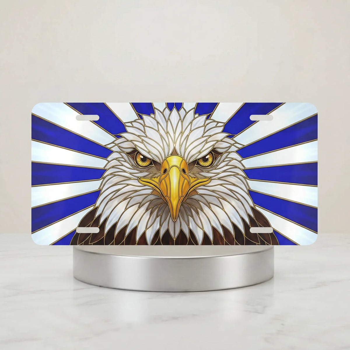 bald eagle vanity plate hero shot — fierce deep navy white black patriotic eagle art