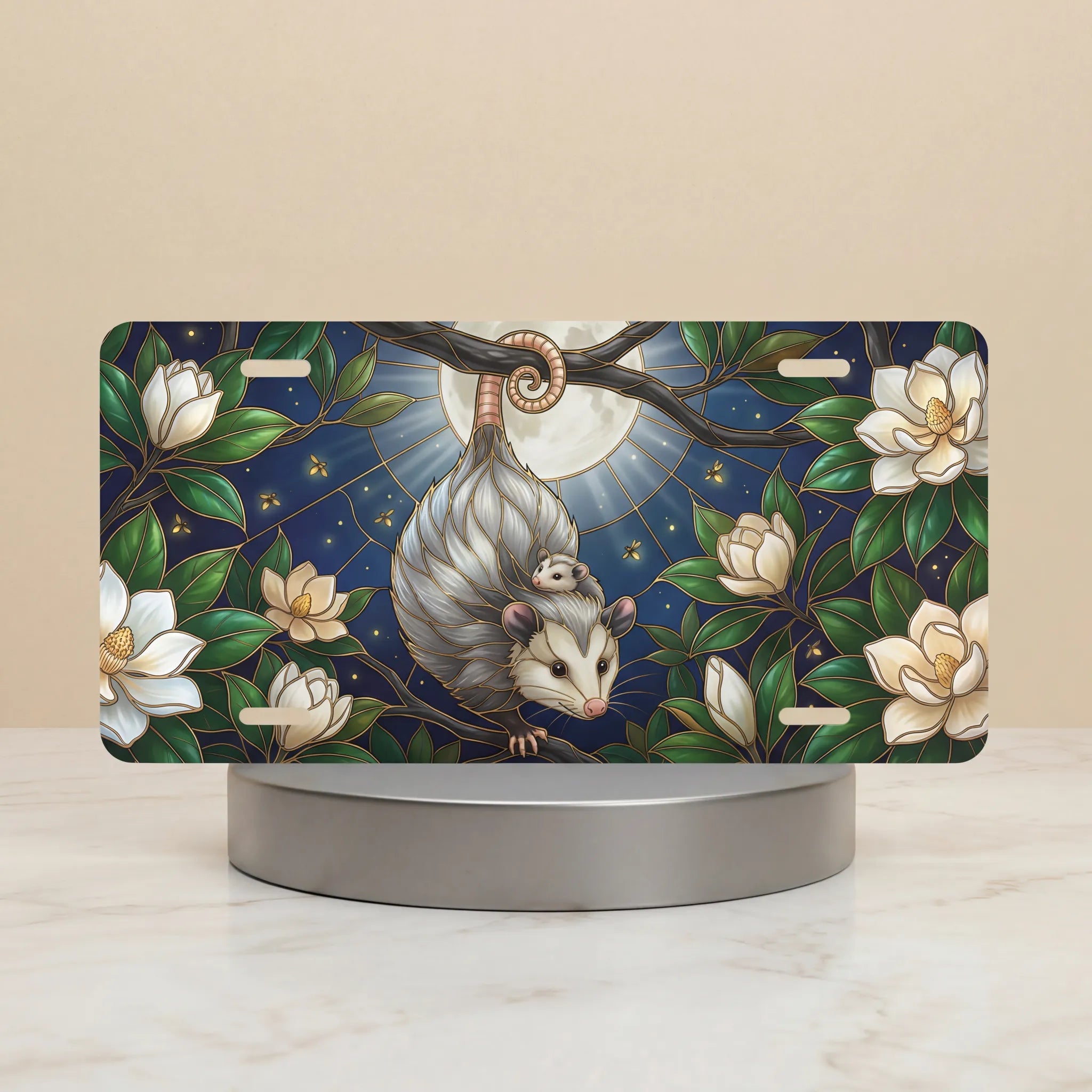 opossum moon magnolias vanity plate — moonlit opossum magnolia bloom full moon license plate on holder