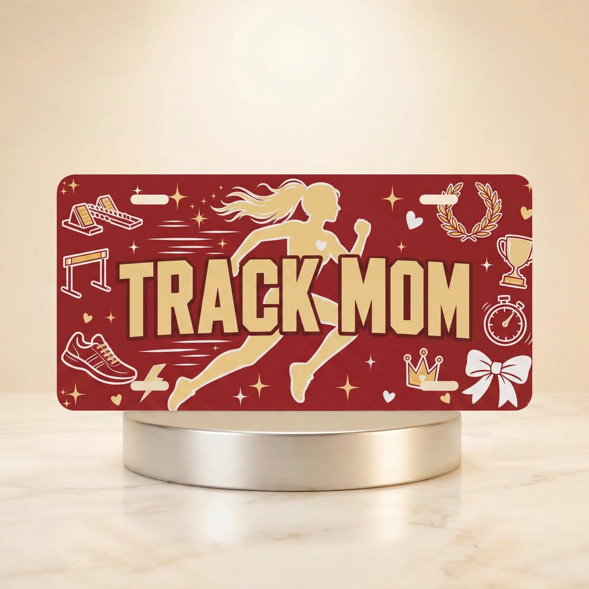 track mom vanity plate — runner silhouette spikes TRACK MOM license plate on holder