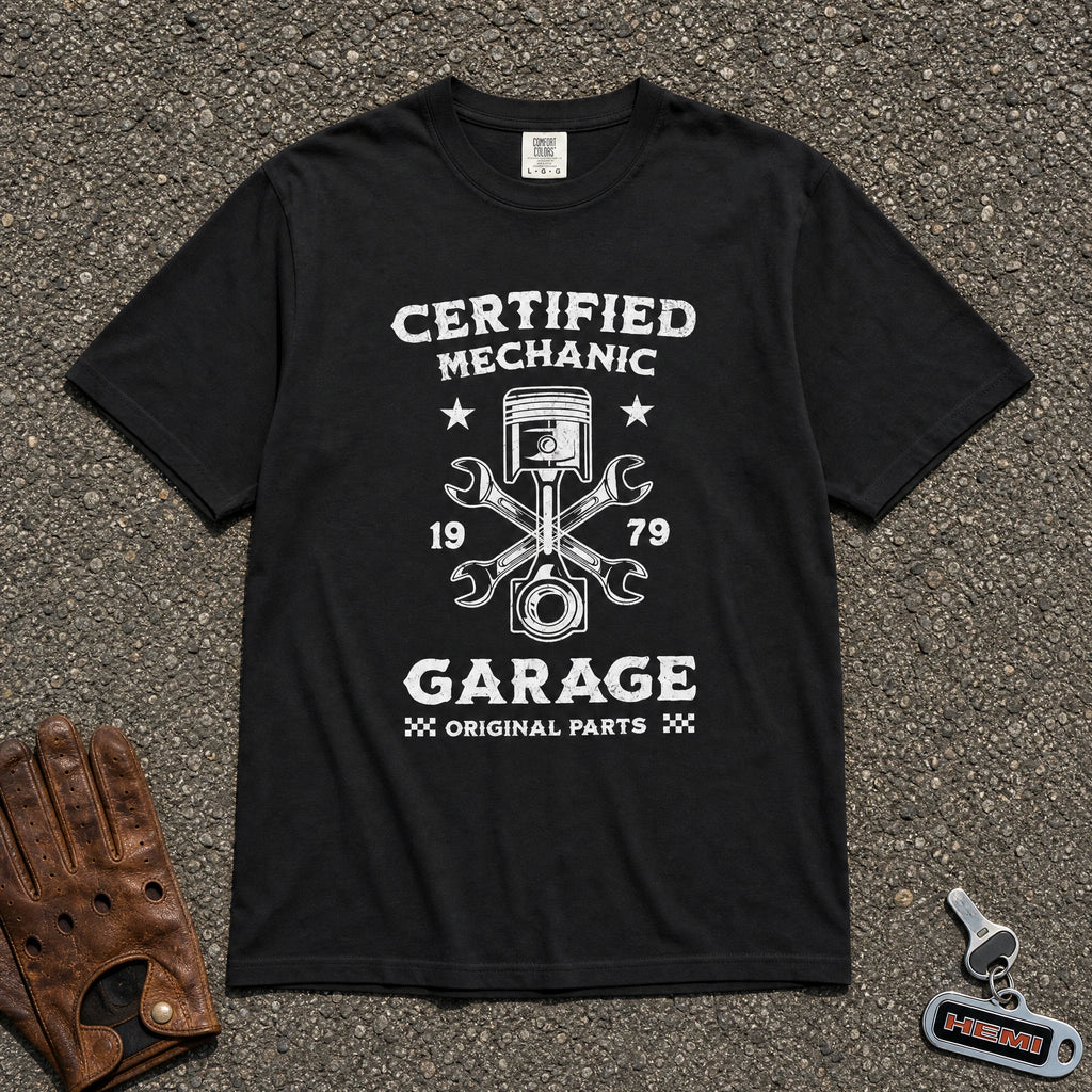 certified mechanic piston wrench graphic tee — black vintage auto repair comfort colors shirt