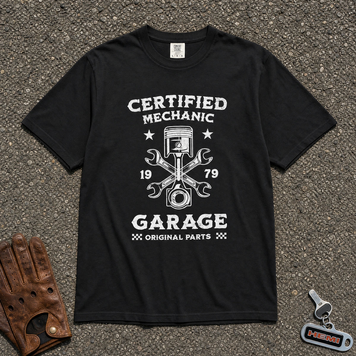 certified mechanic piston wrench graphic tee — black vintage auto repair comfort colors shirt