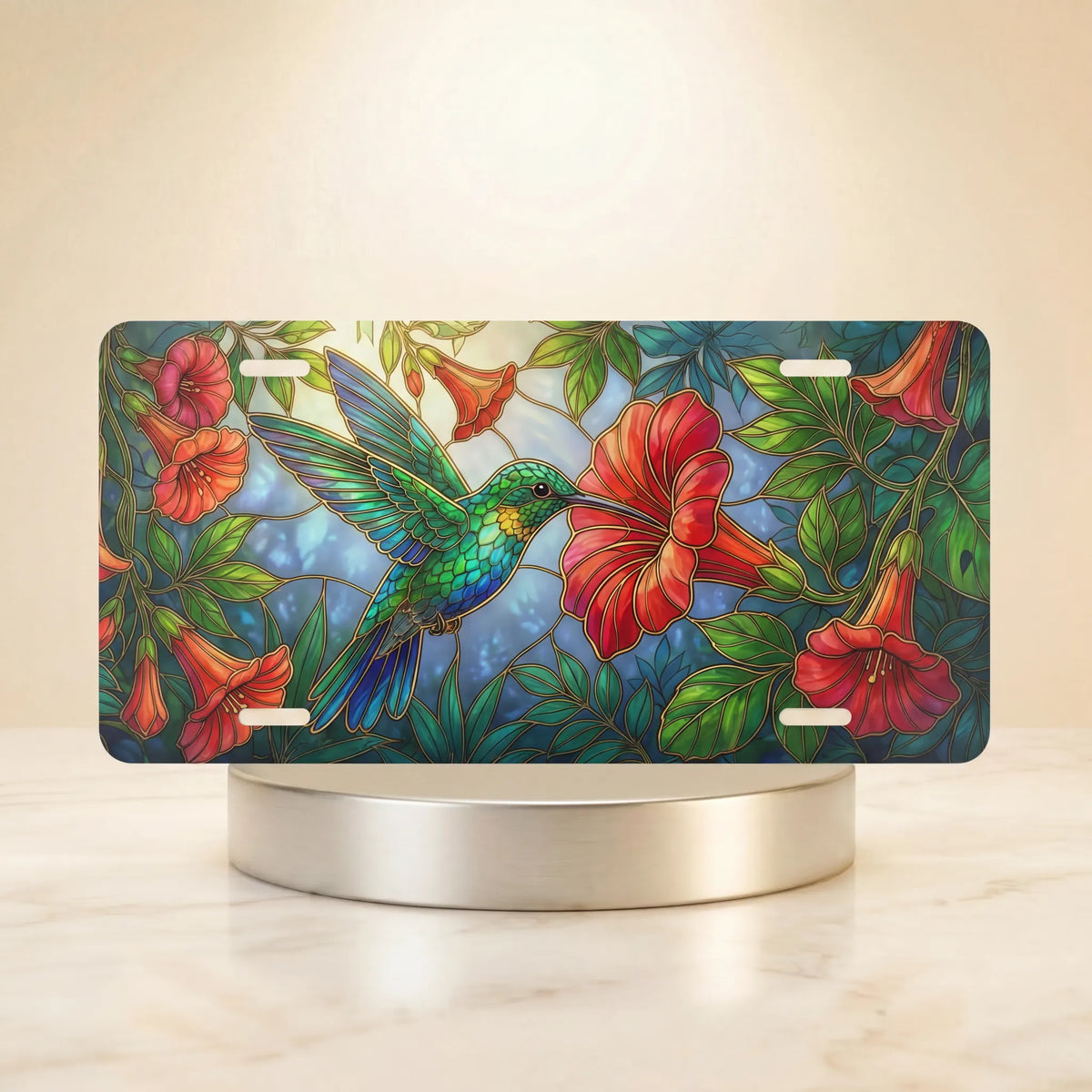 hummingbird hibiscus vanity plate hero shot — electric blue emerald bird red hibiscus art