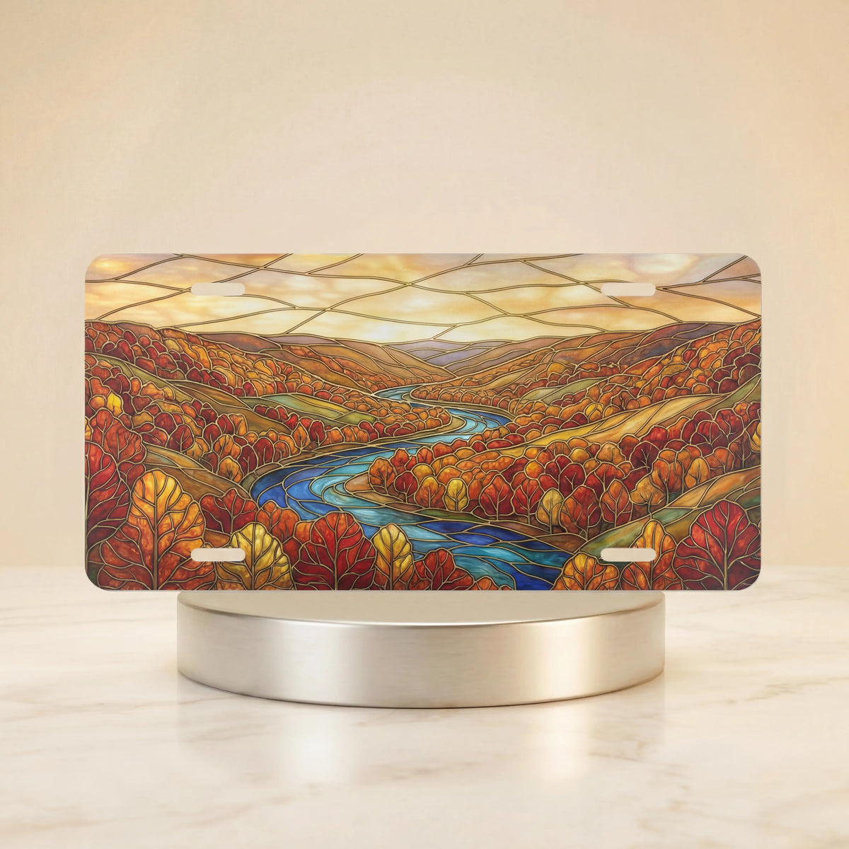 autumn river landscape fall vanity plate — rich autumn red gold winding river hillside license plate on holder