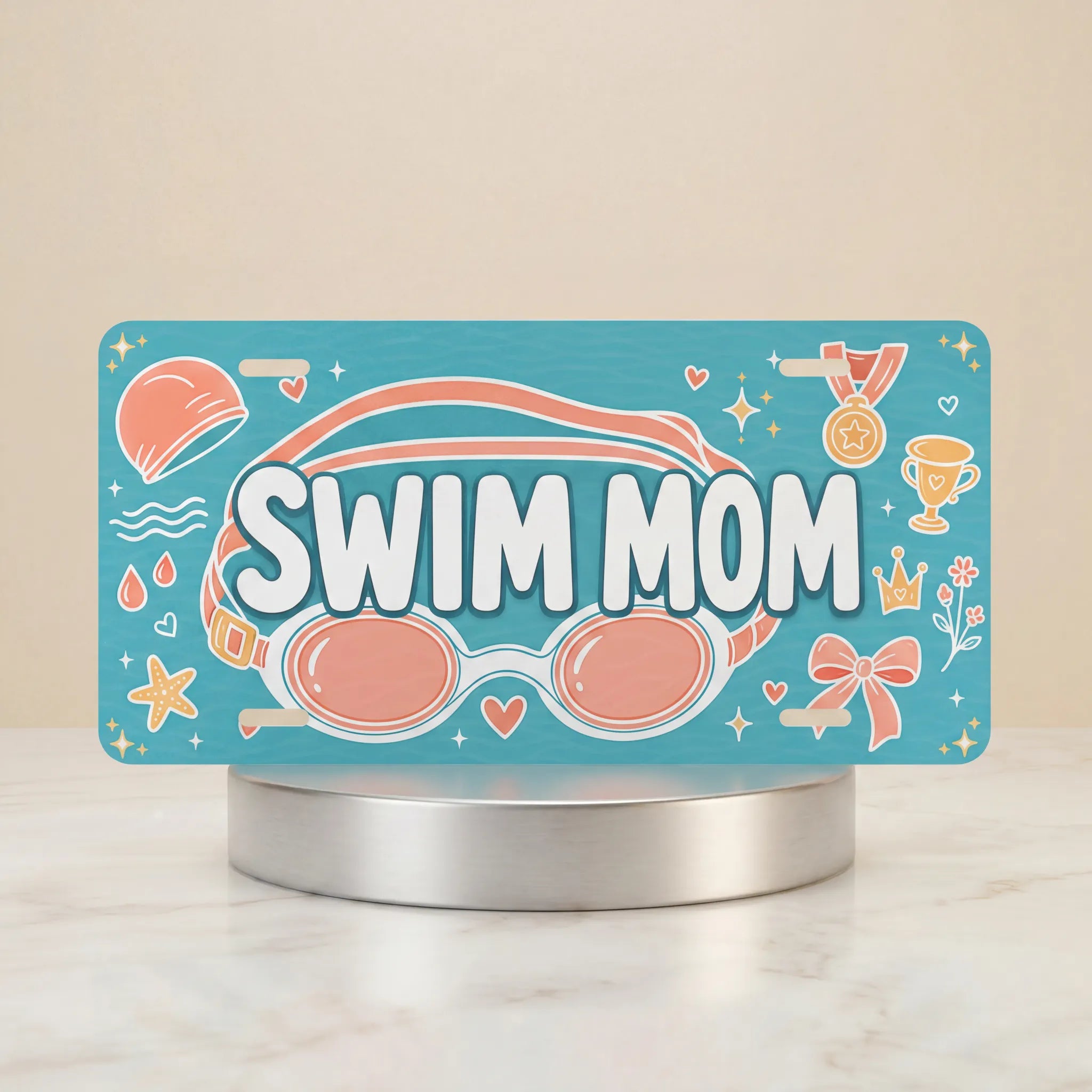 swim mom vanity plate — teal coral goggles medal SWIM MOM license plate on holder