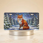 red fox snowy forest vanity plate hero shot — warm amber rust fox starlit pine art