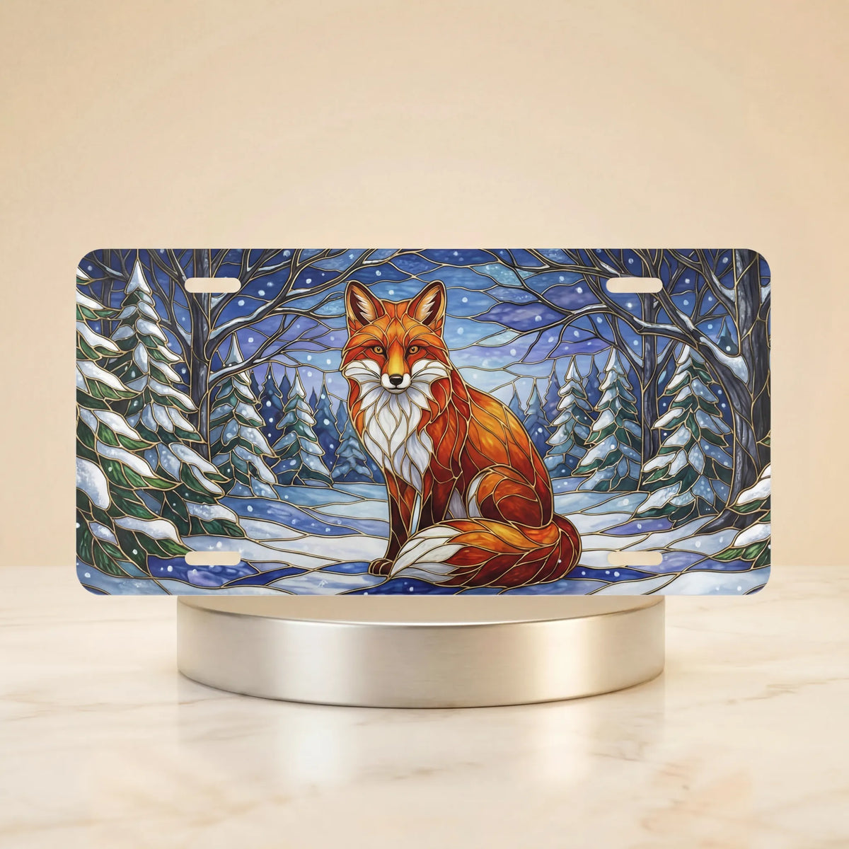 red fox snowy forest vanity plate hero shot — warm amber rust fox starlit pine art