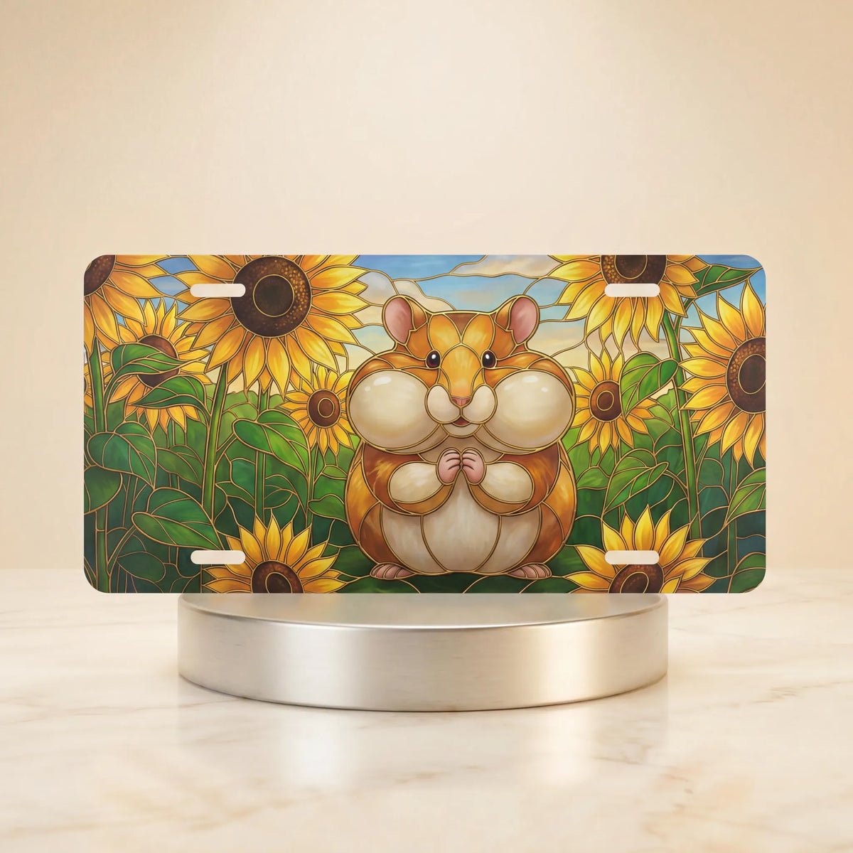 hamster in sunflowers vanity plate — warm golden hamster sunflower field license plate on holder