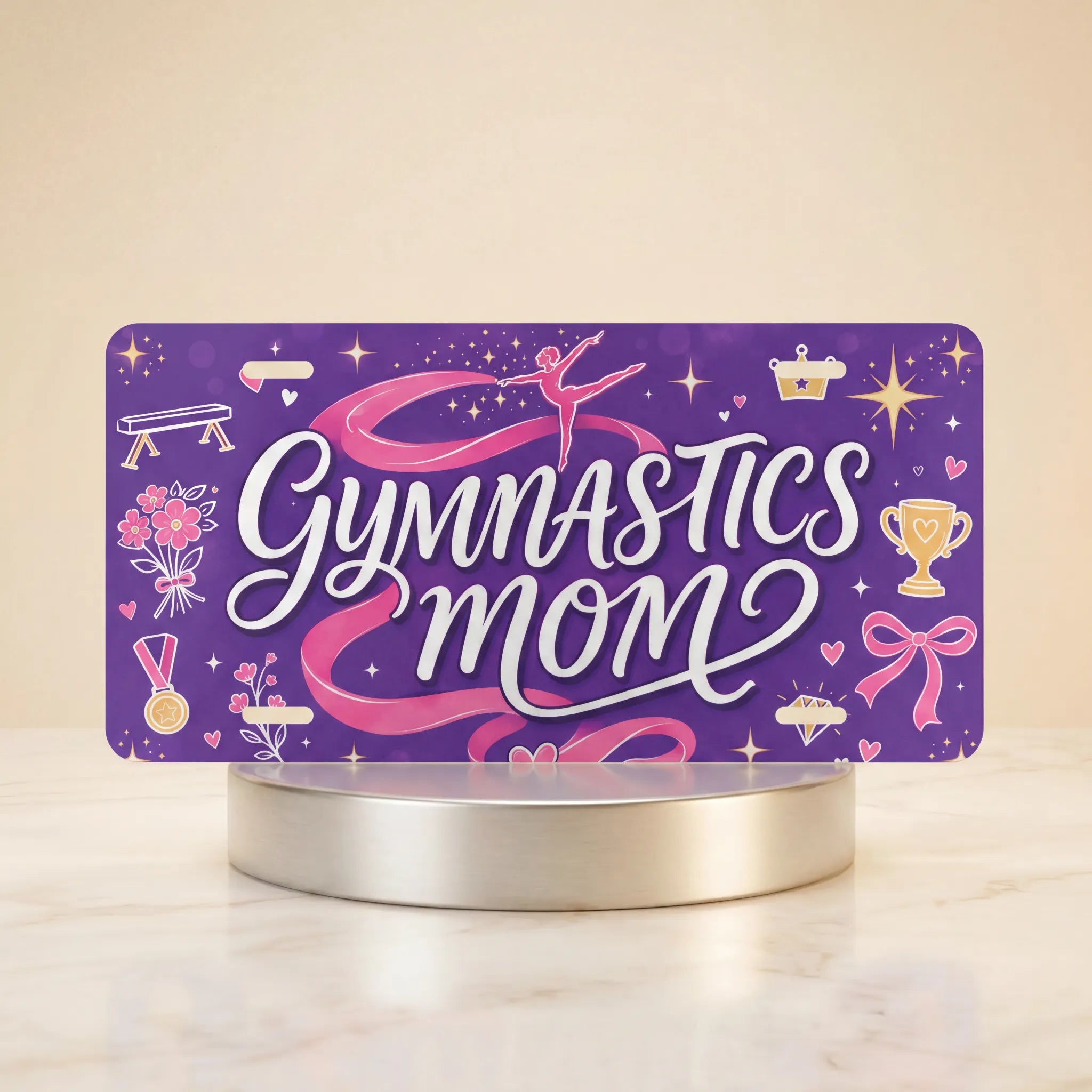 gymnastics mom vanity plate — purple pink ribbon trophy GYMNASTICS MOM license plate on holder