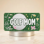 golf mom vanity plate — deep green golf ball trophy GOLF MOM license plate on holder