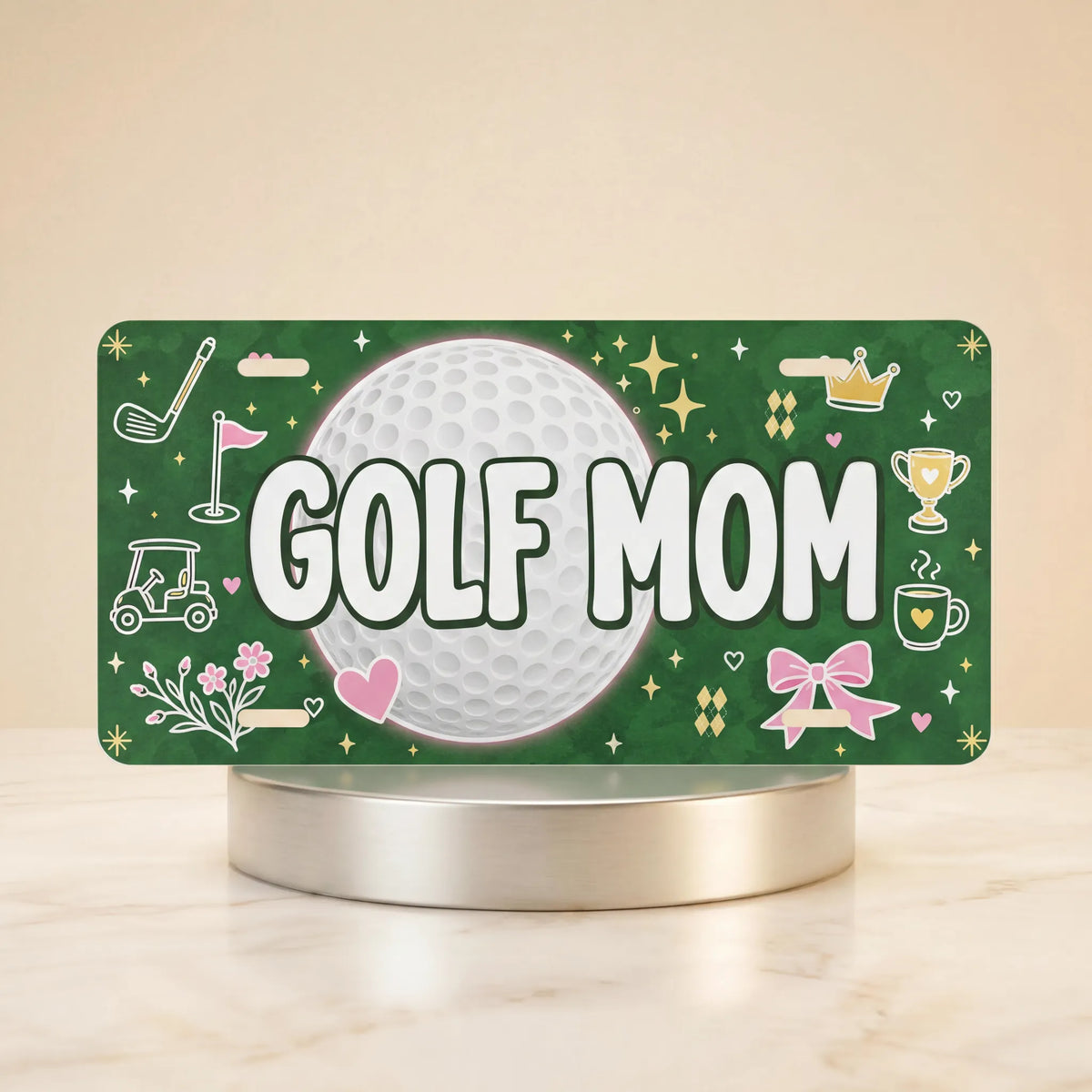 golf mom vanity plate — deep green golf ball trophy GOLF MOM license plate on holder