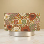 mama retro floral vanity plate hero shot — rust mustard olive 70s daisy MAMA art